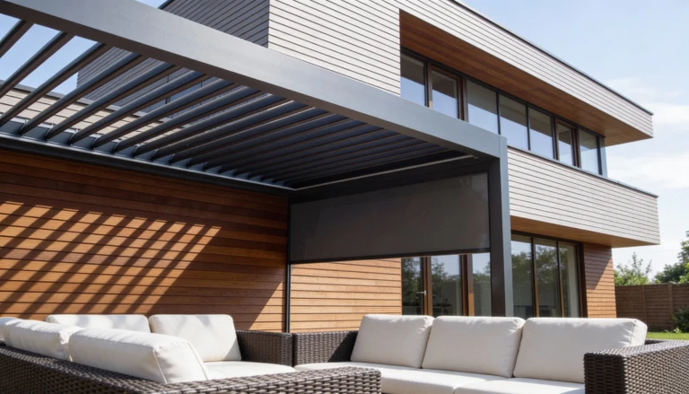 Eine moderne bioklimatische Pergola mit heruntergelassener Seitenmarkise auf der Terrasse mit Rattanmöbeln.