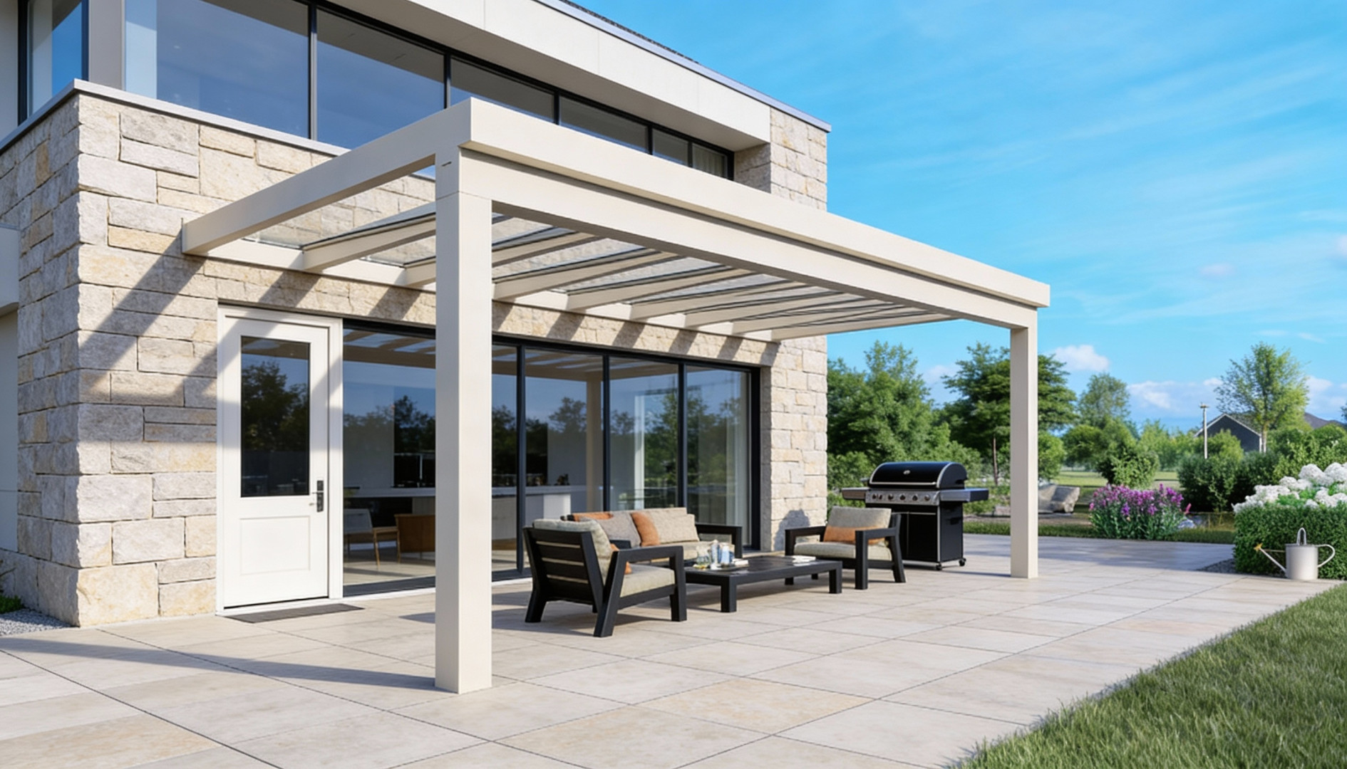 Eine moderne weiße Aluminium-Pergola mit Glasdach auf der Terrasse eines Einfamilienhauses mit Gartenmöbeln und Grill.