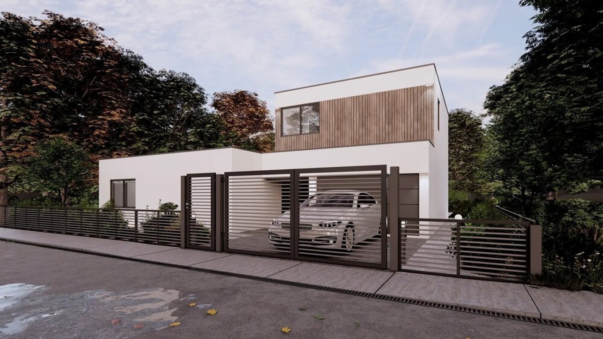 Ein modernes Einfamilienhaus mit einem schwarzen, horizontalen Lamellenzaun und einem Tor, vor dem ein silbernes Auto steht.