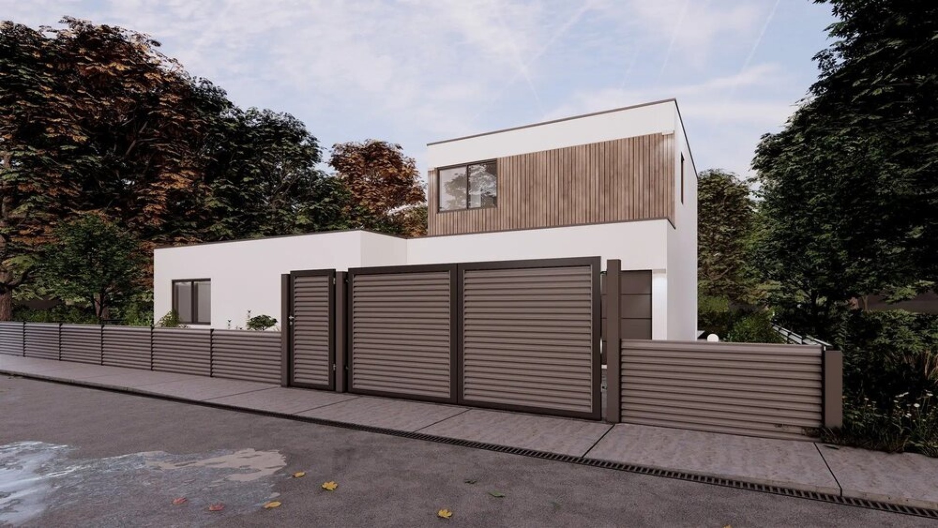 Ein modernes weißes Haus mit einem braunen Lamellenzaun und einem Tor vor üppigem Grün.